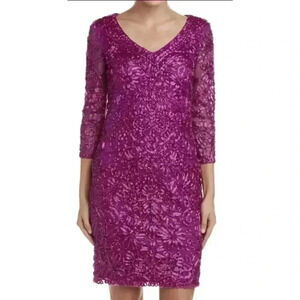 NWT Sue Wong Magneta Beaded Embroidered 3/4 Length Sleeve V-Neck Sheath Dress 4